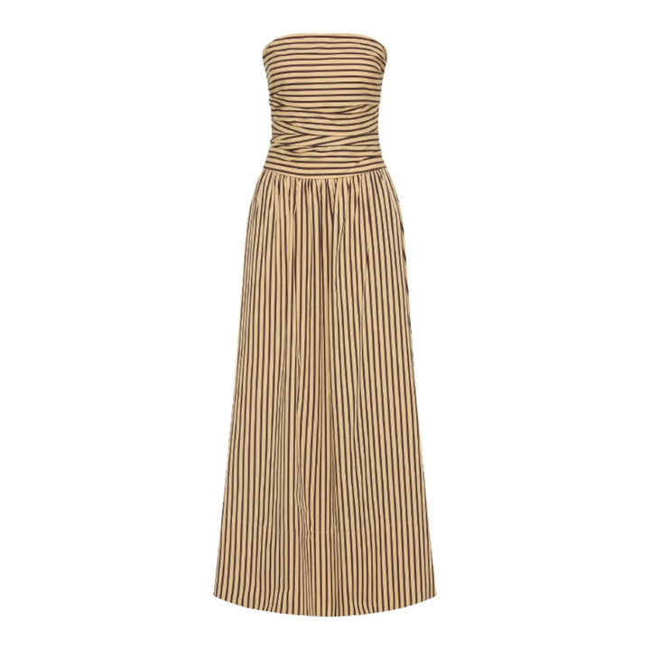 The Tiny Finch strapless midi dress in Rita Stripe Port featuring a pleated bodice and A-line cotton silhouette.
