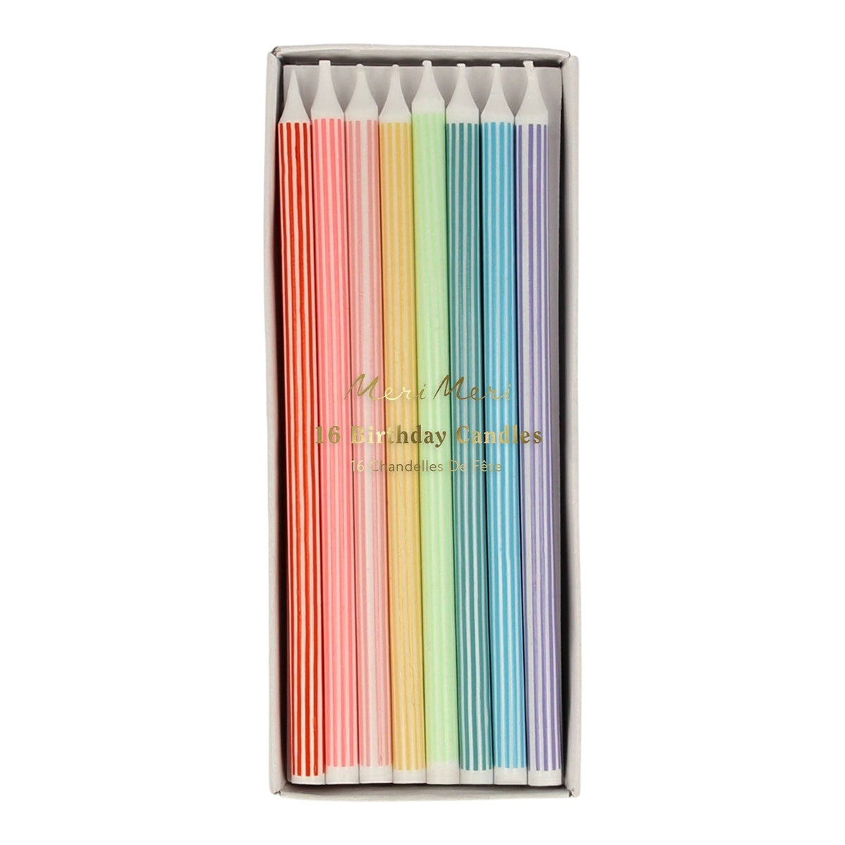 The Tiny Finch pack of 16 tall white birthday candles with vertical stripes in dusty rainbow colors