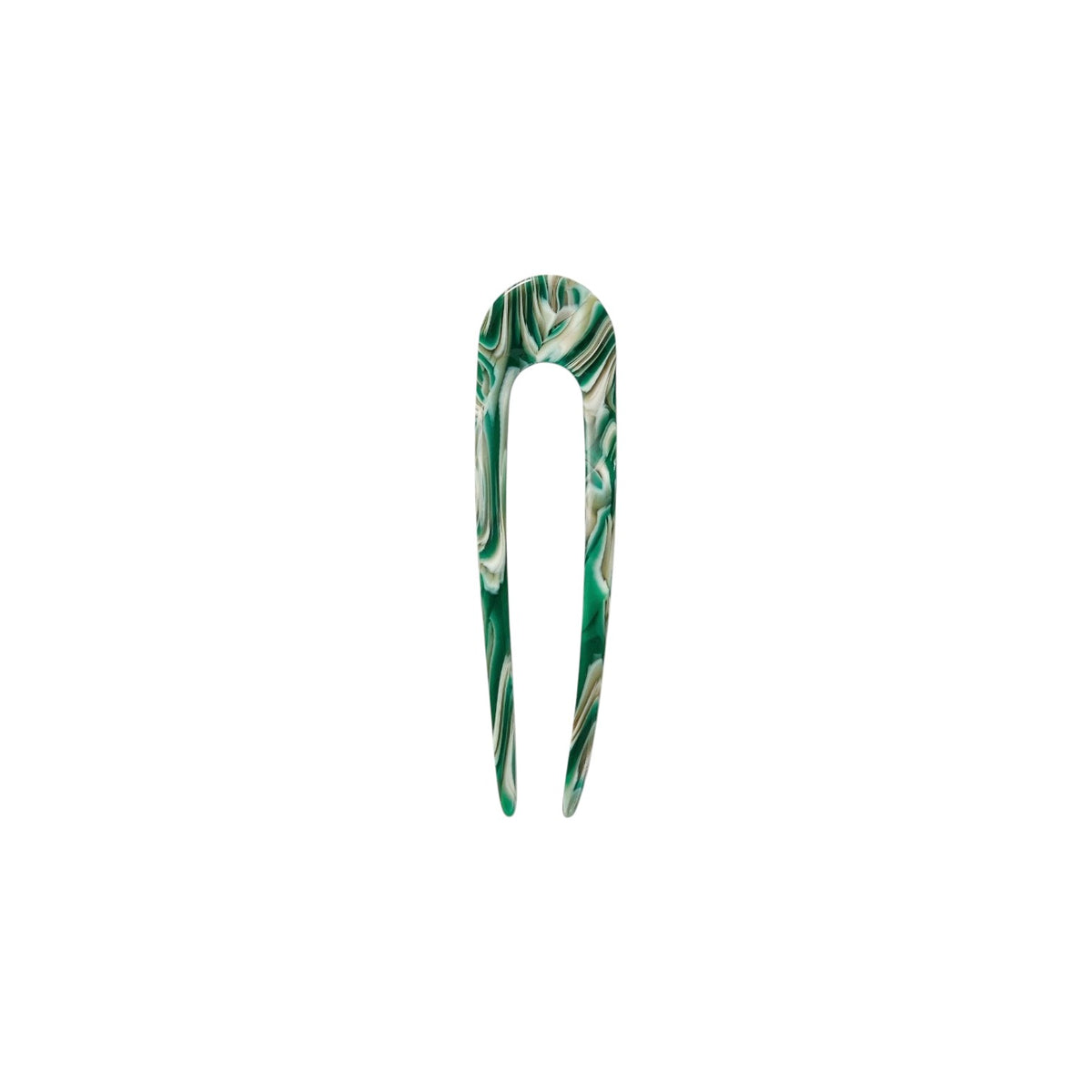 The Tiny Finch French hair pin in Stromanthe green and white marbled Italian acetate, 5 inches long.