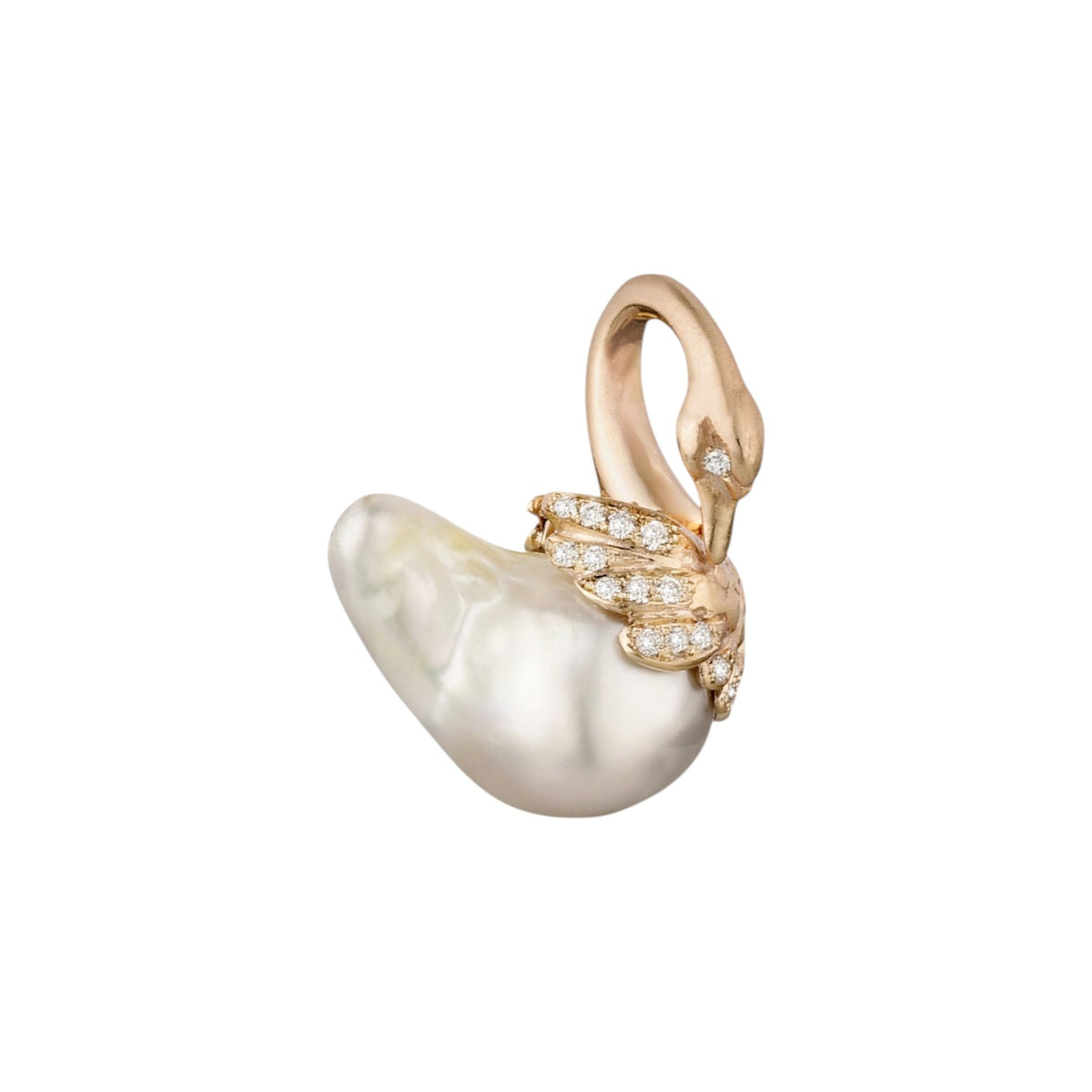 The Tiny Finch swan pendant featuring a luminous South Sea pearl body with diamond-encrusted gold wings.