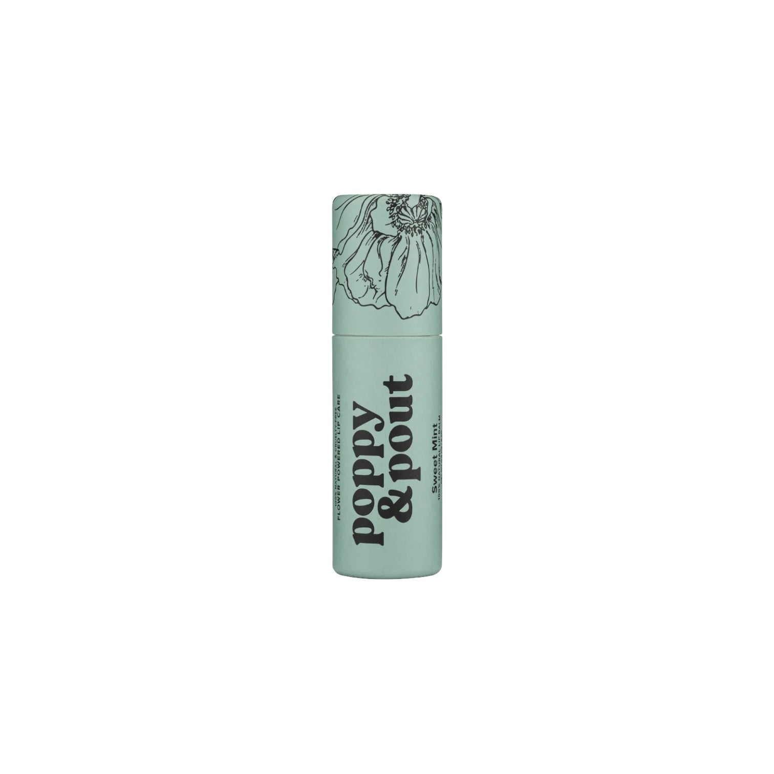 The Tiny Finch Poppy & Pout Sweet Mint lip balm in an eco-friendly light green cardboard tube with floral design.