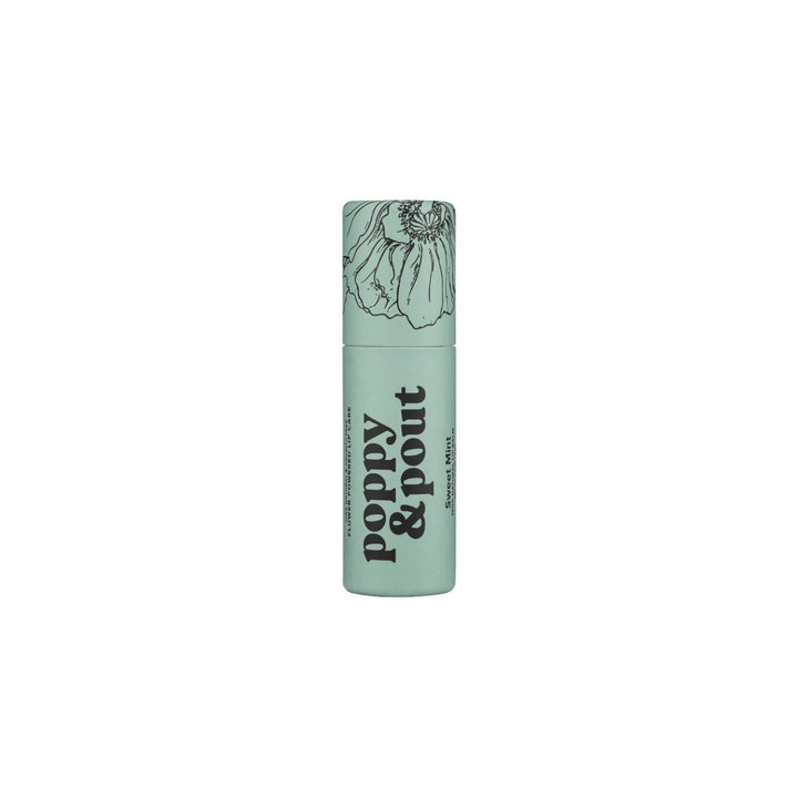 The Tiny Finch Poppy & Pout Sweet Mint lip balm in an eco-friendly light green cardboard tube with floral design.