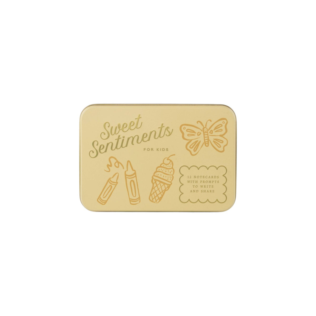 The Tiny Finch Sweet Sentiments for Kids gold-pressed keepsake tin with butterfly, crayon, and ice cream illustrations.
