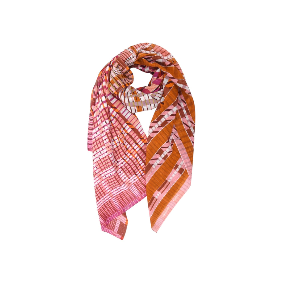 The Tiny Finch Scarf Passion Utopie in a lightweight cotton veil featuring a vibrant pink and orange tartan pattern.