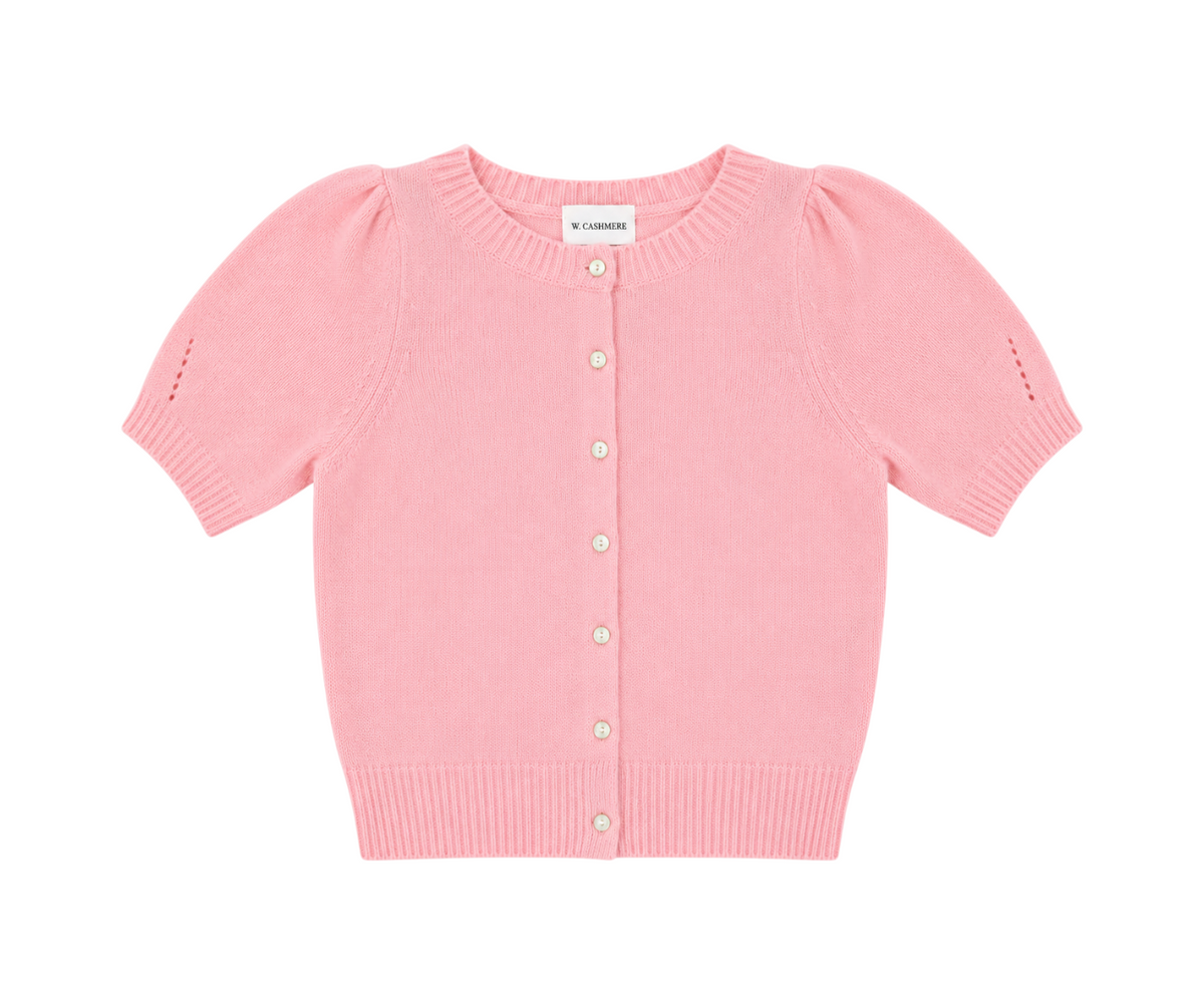 The Tiny Finch W. Cashmere tea rose pink silk-cashmere knit cardigan with puff sleeves and button-front closure.
