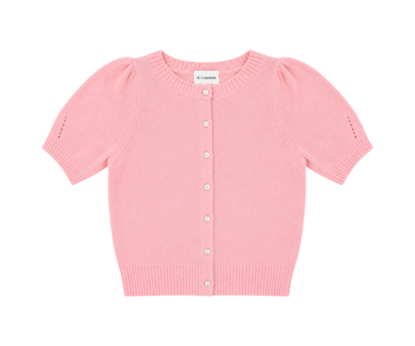 The Tiny Finch W. Cashmere tea rose pink silk-cashmere knit cardigan with puff sleeves and button-front closure.