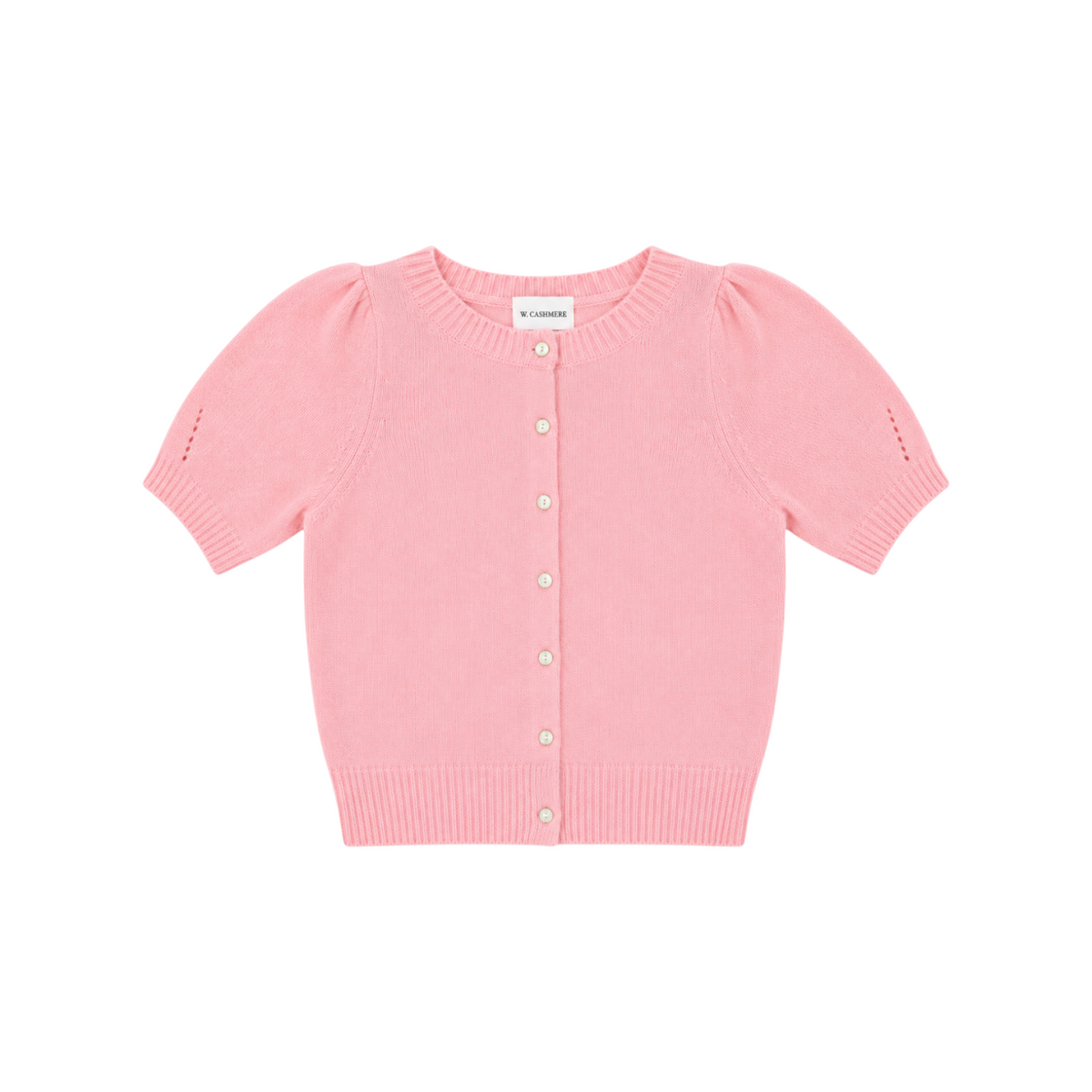 The Tiny Finch W. Cashmere tea rose pink silk-cashmere knit cardigan with puff sleeves and button-front closure.