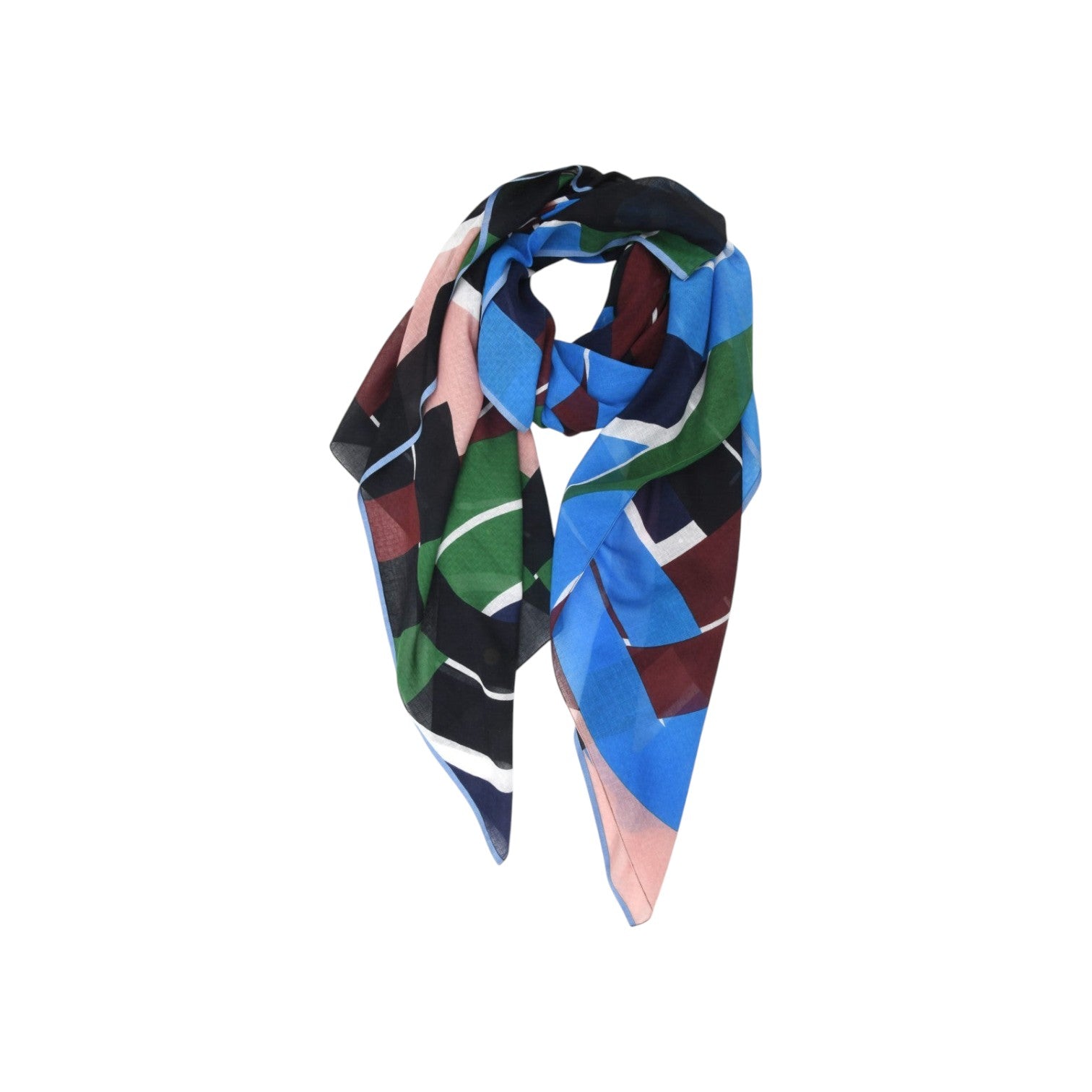 The Tiny Finch Le Bal teal cotton voile scarf with a bold geometric graphic print in blue, green, and burgundy.