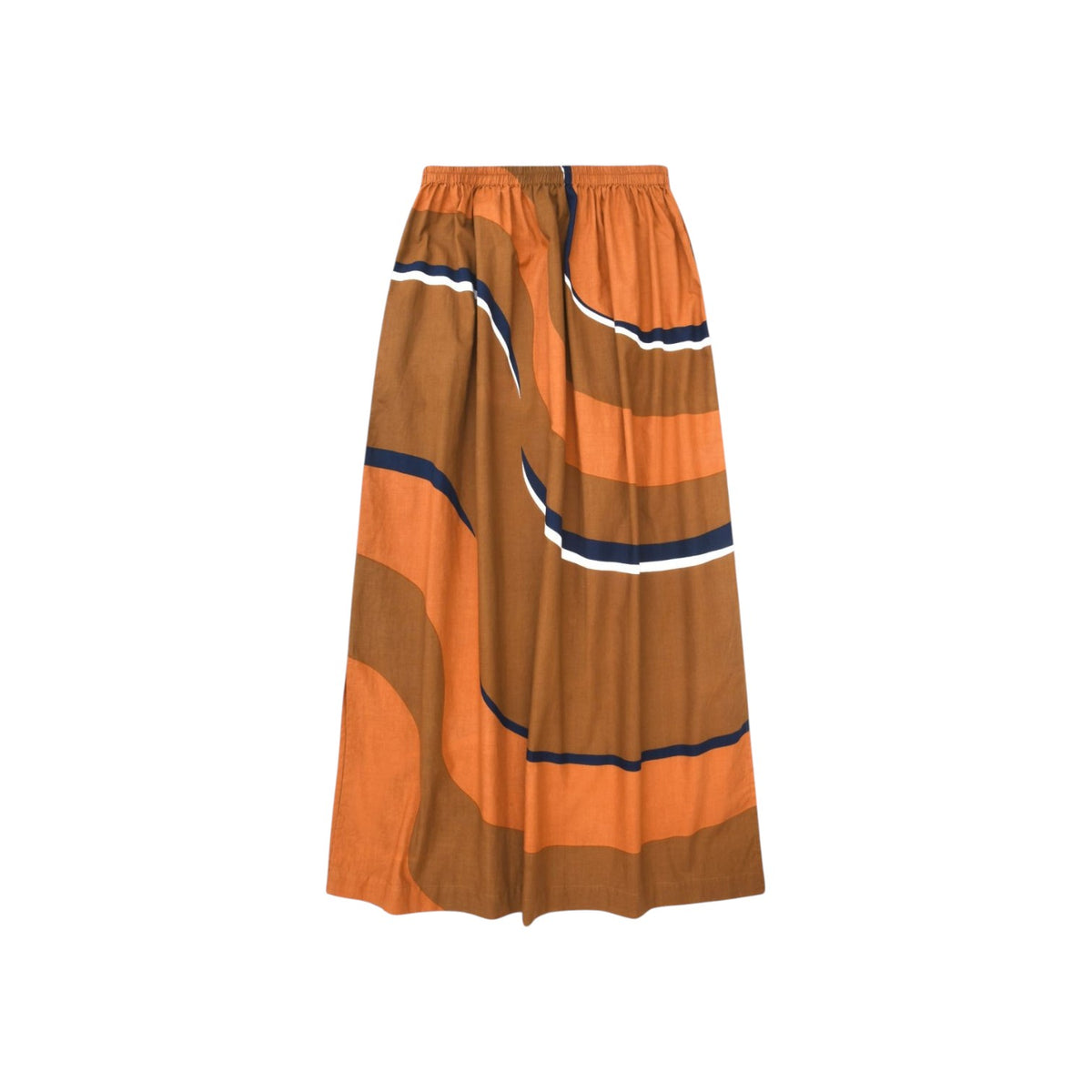 The Tiny Finch Mapoesie Juliette skirt in terracotta cotton with a loose fit, elastic waistband, and Madone print.