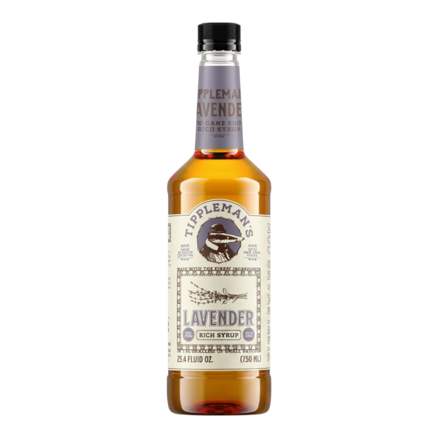 The Tiny Finch Tippleman's lavender rich cane sugar syrup in a 750ml glass bottle with a vintage-style label.