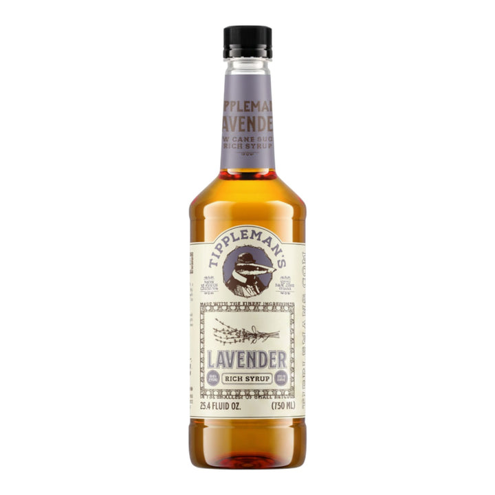 The Tiny Finch Tippleman's lavender rich cane sugar syrup in a 750ml glass bottle with a vintage-style label.