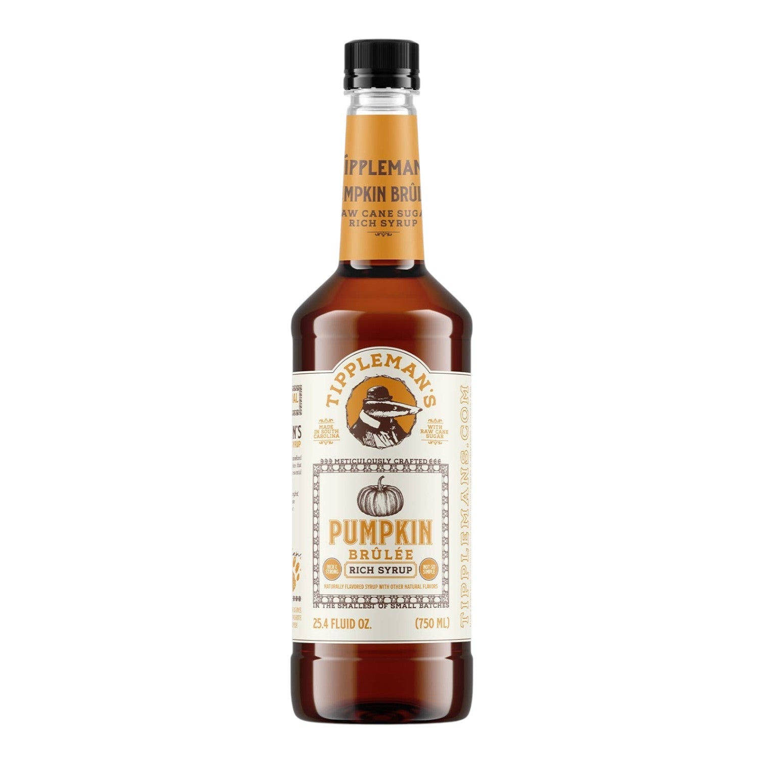The Tiny Finch Tippleman's Pumpkin Brulée coffee syrup in a 750ml glass bottle with a vintage-style label.