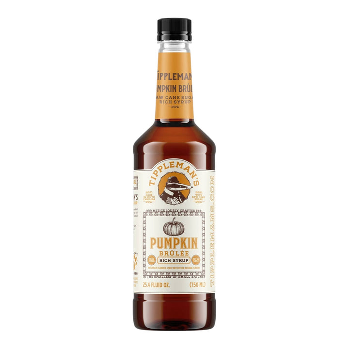 The Tiny Finch Tippleman's Pumpkin Brulée coffee syrup in a 750ml glass bottle with a vintage-style label.