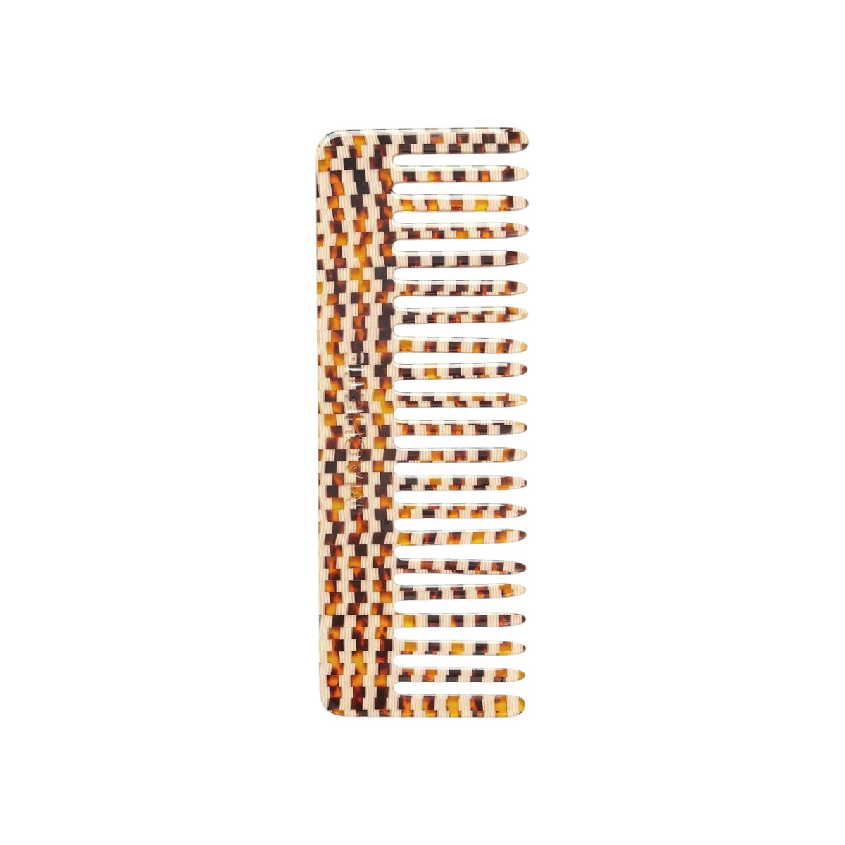 The Tiny Finch wide-tooth hair comb in a brown and cream tortoise checkerboard pattern made from Italian acetate.
