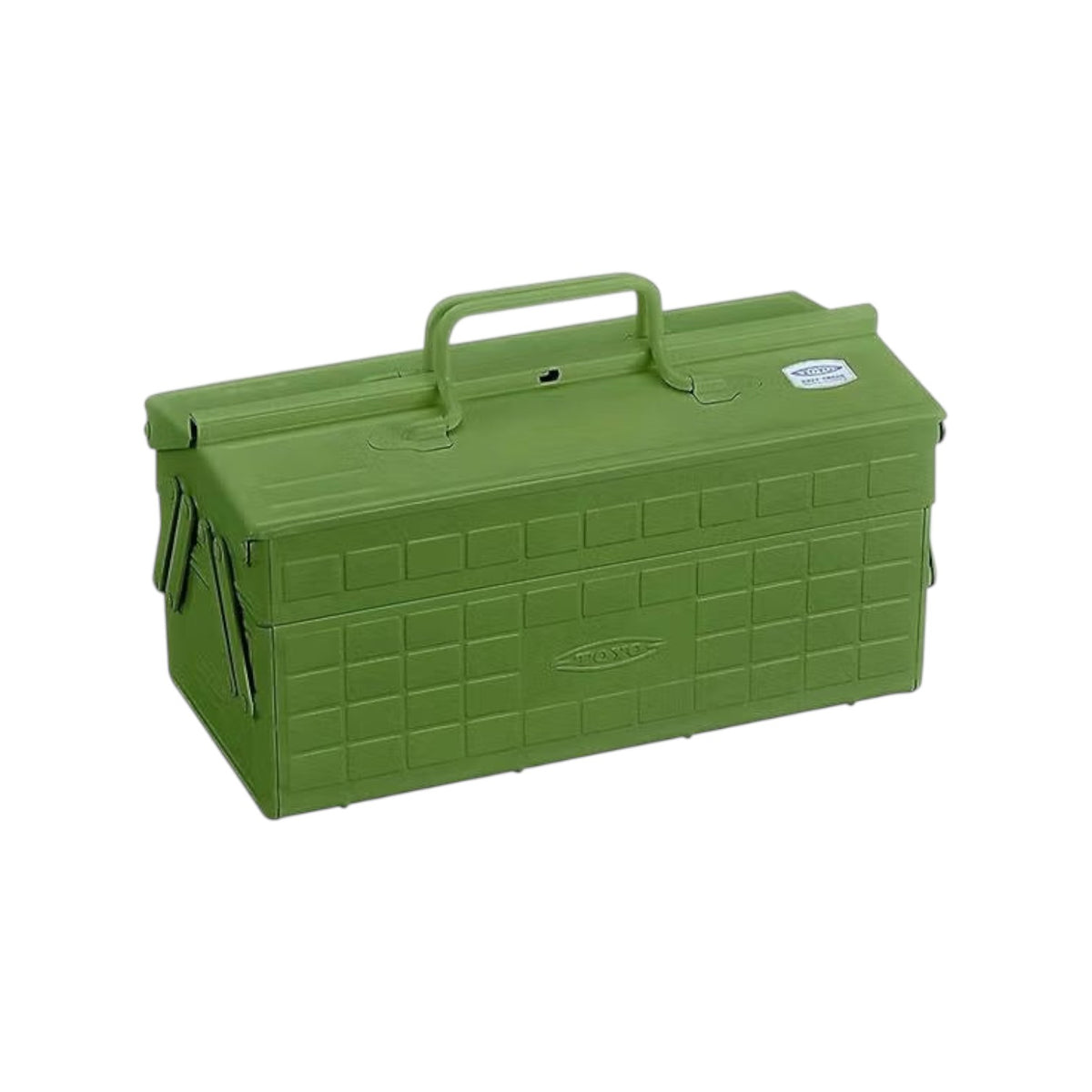 The Tiny Finch Toyo cantilever steel toolbox in Japanese tea green with double handles and lockable top slot.