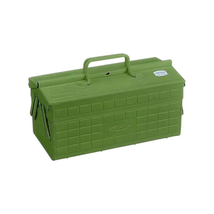 The Tiny Finch Toyo cantilever steel toolbox in Japanese tea green with double handles and lockable top slot.