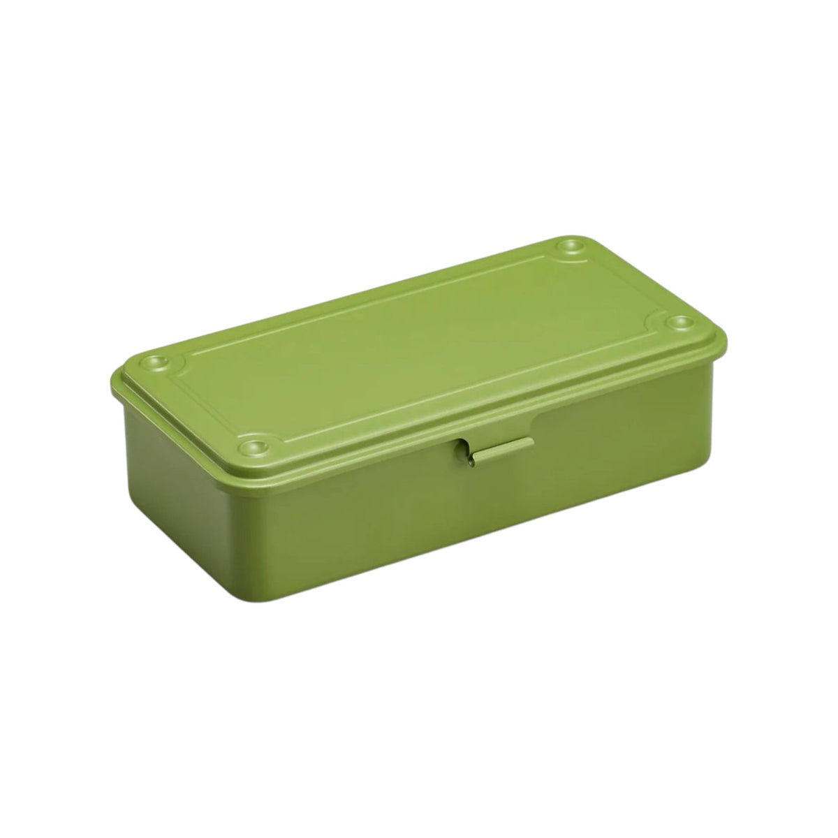 The Tiny Finch Toyo Steel T-190 stackable storage box in Japanese tea green with a seamless steel construction.