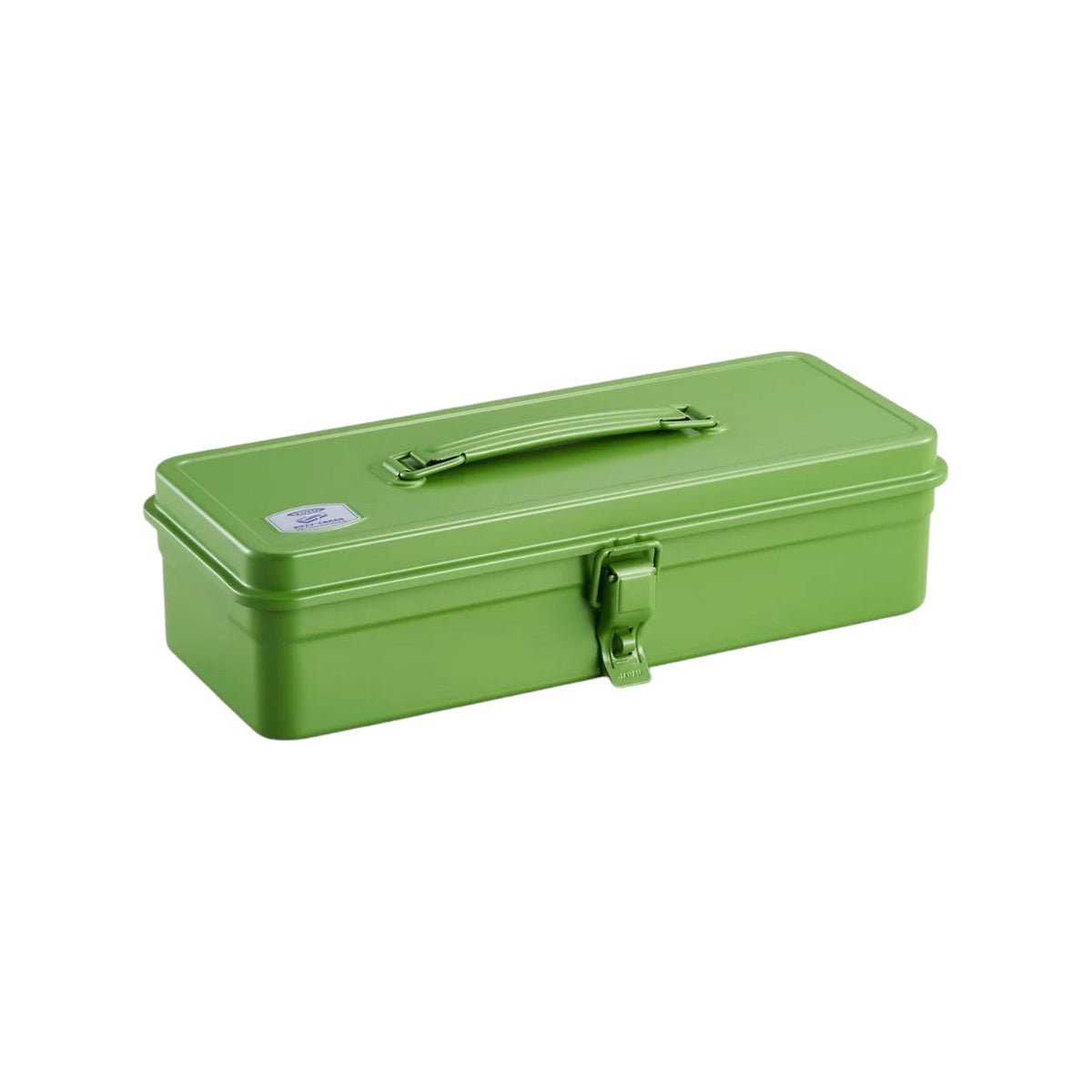 The Tiny Finch Toyo Steel T-320 trunk toolbox in Japanese tea green with a flat lid and top carry handle.