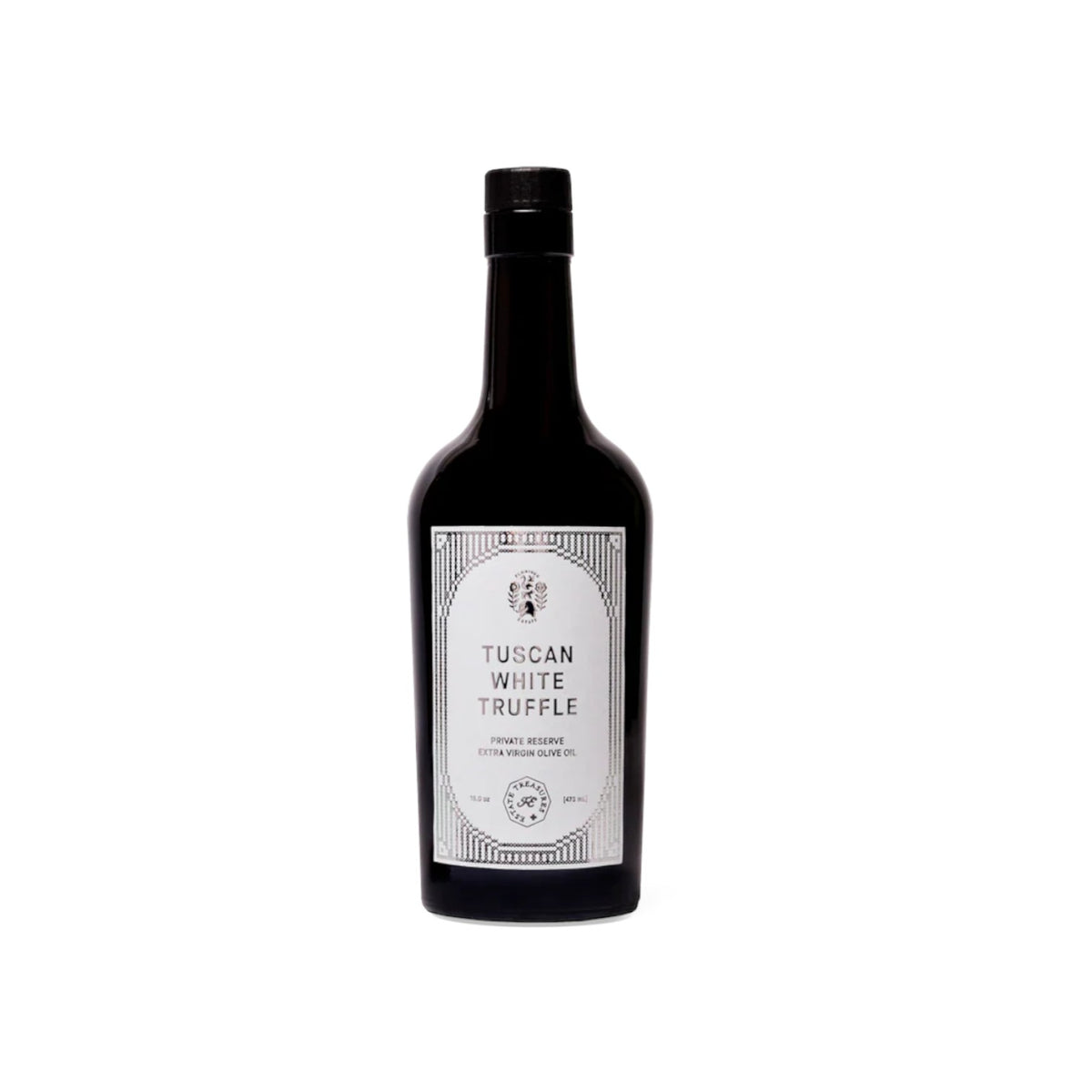 The Tiny Finch Tuscan white truffle extra virgin olive oil in a dark glass bottle with an elegant white label.