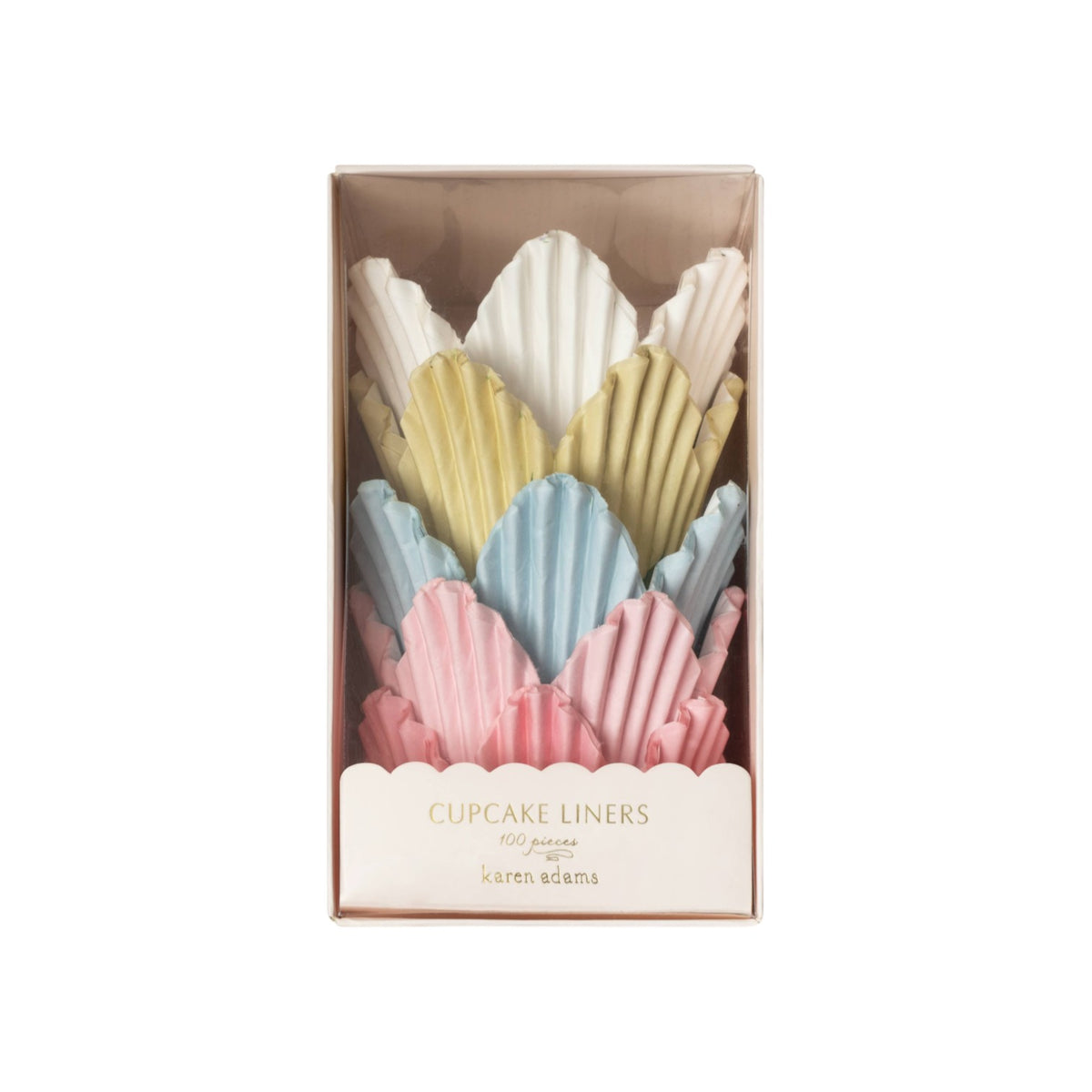The Tiny Finch tulip-shaped cupcake liners in pastel pink, blue, yellow, and white, packaged in a clear gift box.