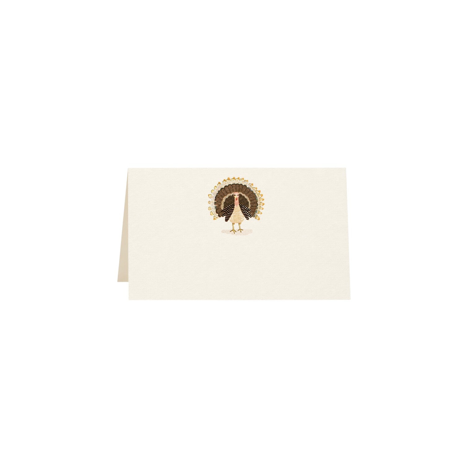 The Tiny Finch Gobble place card featuring a turkey illustration with gold foil and glitter on natural white paper.