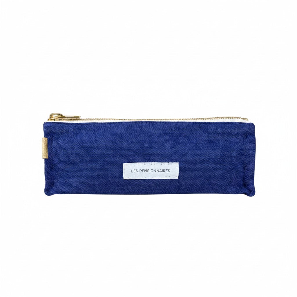 The Tiny Finch Les Pensionnaires ultramarine blue organic cotton canvas pencil case with a gold zipper.
