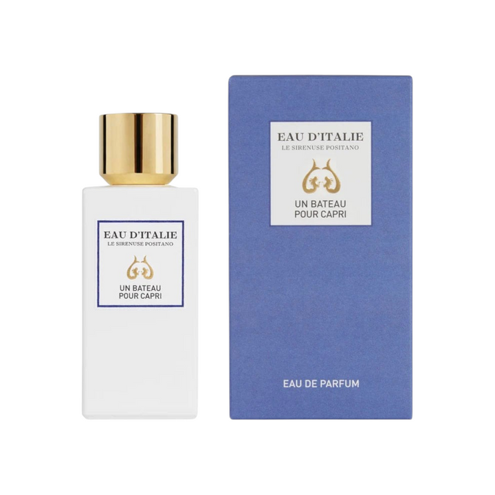 The Tiny Finch Un Bateau Pour Capri eau de parfum bottle and blue box featuring floral and fruity fragrance notes.