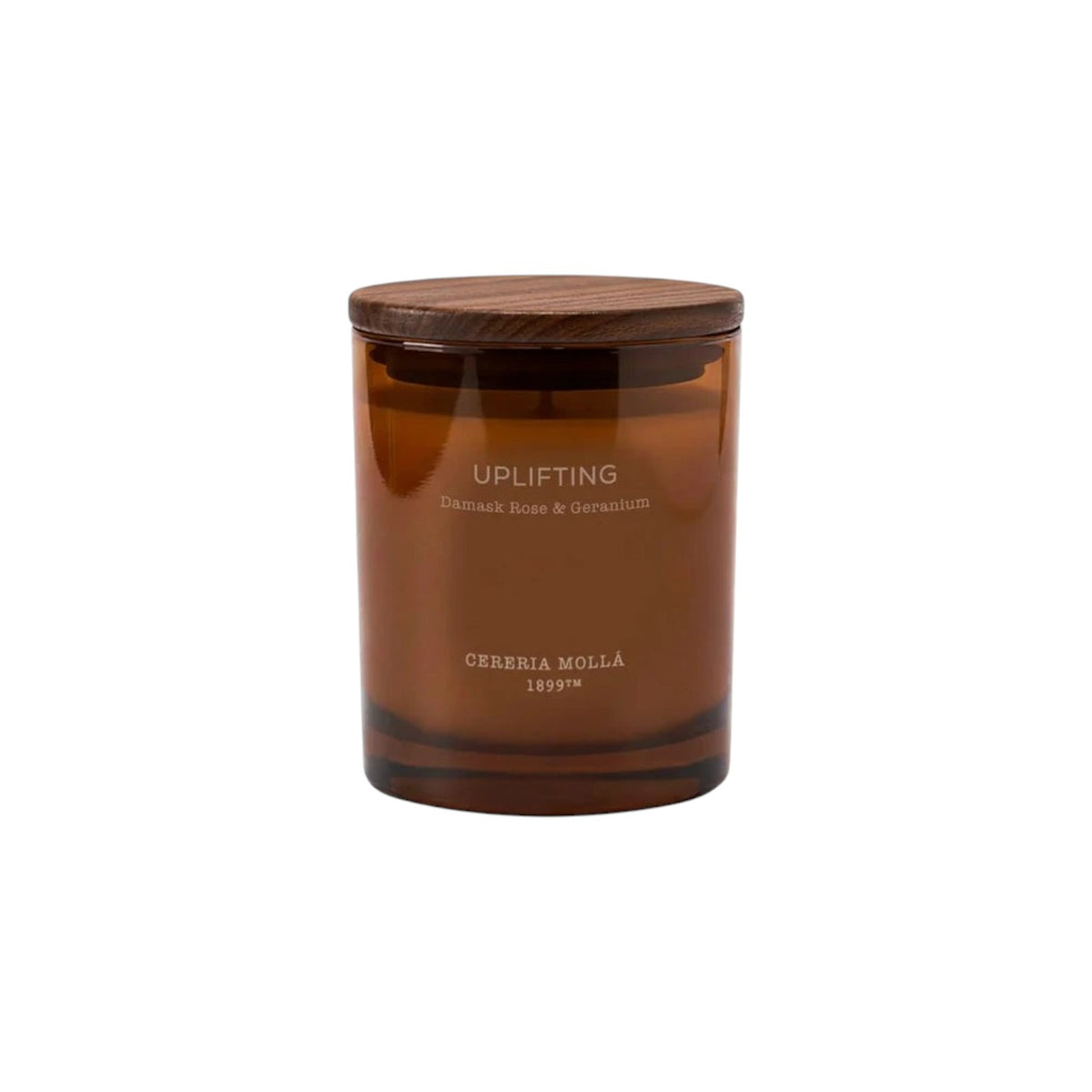 The Tiny Finch Cereria Molla 1899 Uplifting Damask Rose and Geranium scented candle in an amber glass jar with wood lid
