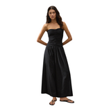 The Tiny Finch Valentina black strapless maxi dress in broderie anglaise with a ruched bodice and A-line skirt.