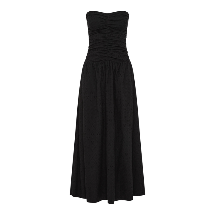 The Tiny Finch Valentina black strapless maxi dress in delicate broderie anglaise with a ruched bodice and A-line skirt
