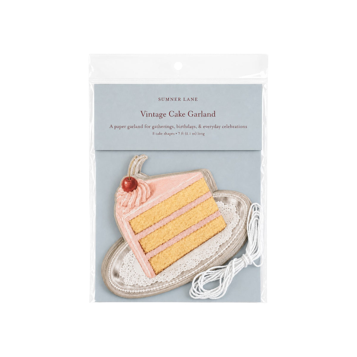 The Tiny Finch vintage cake garland featuring illustrated pink cake slices on silver trays with white twine.