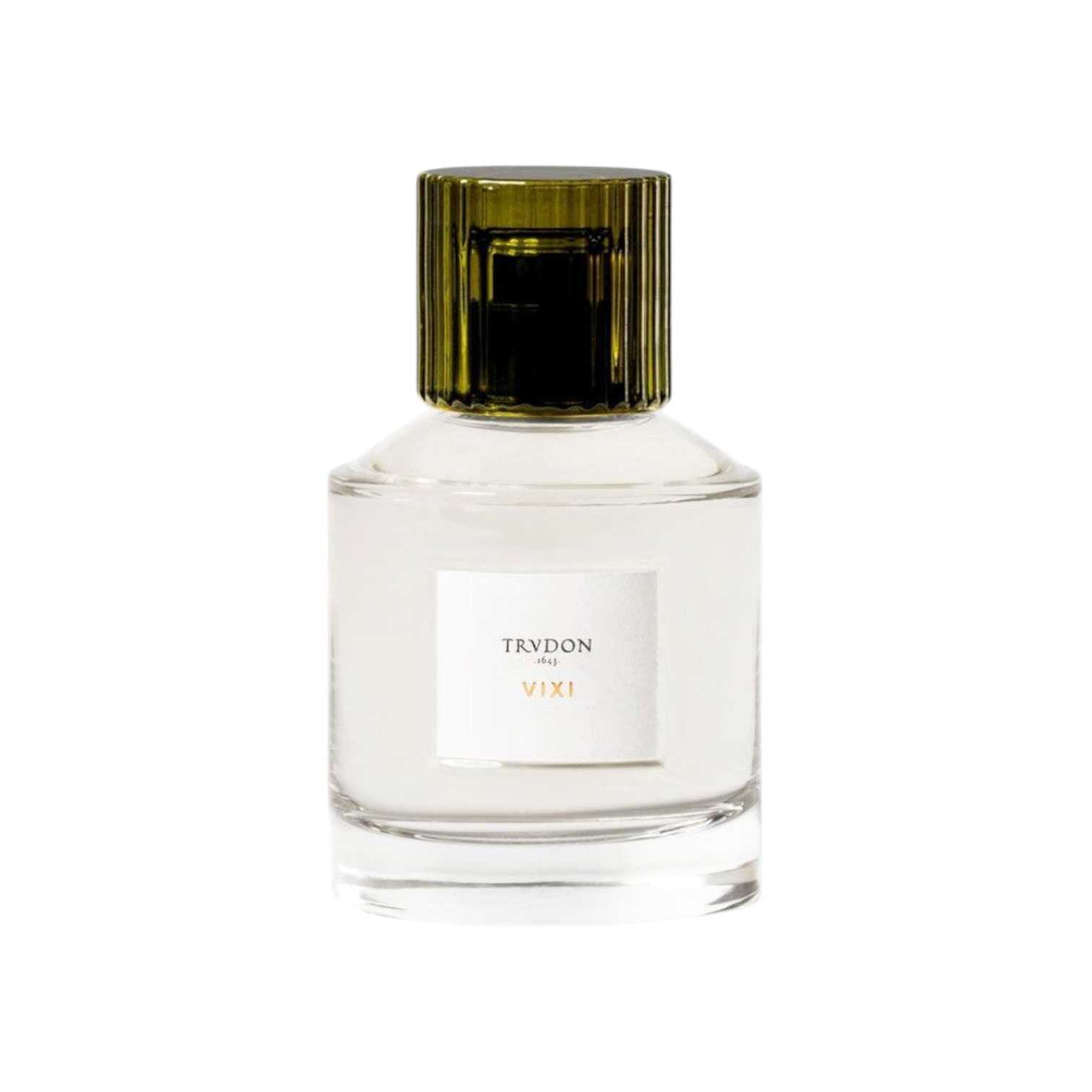 The Tiny Finch Vixi perfume in a 100mL clear glass bottle with a dark green ribbed cap and white label.