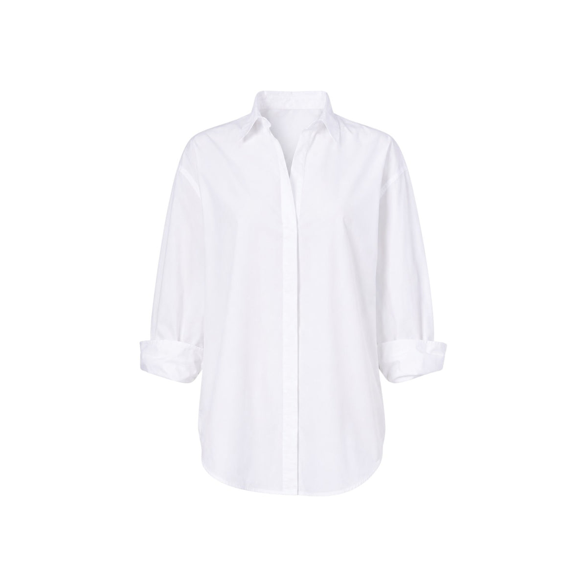The Tiny Finch La Bourrienne Blouse Poetesse in white cotton poplin with a high collar and thin cuffs.