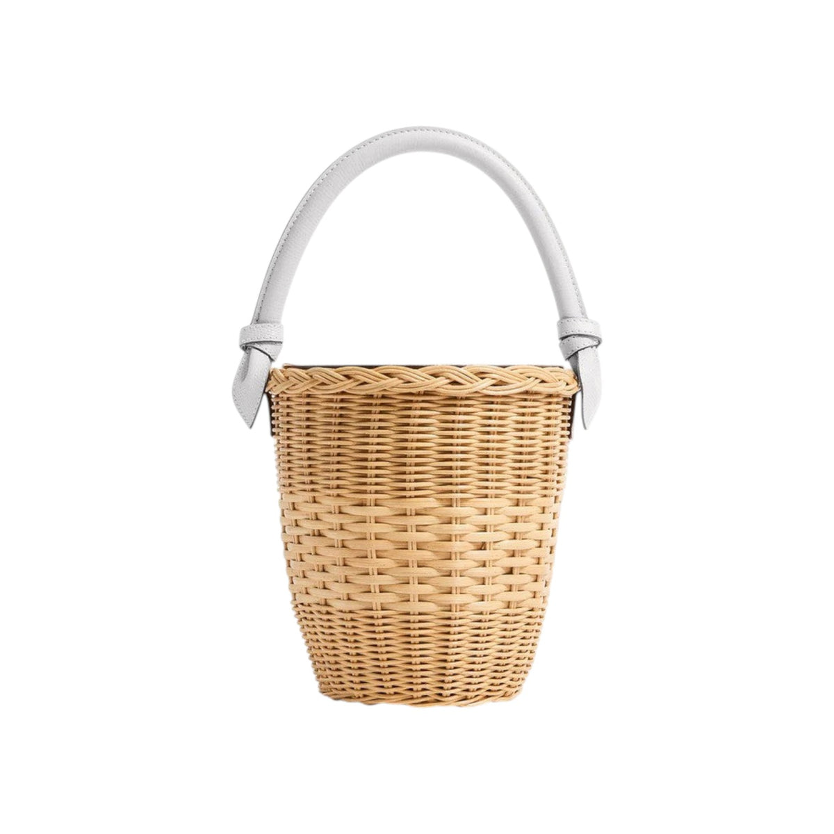The Tiny Finch Jane Bag in white, a handwoven rattan basket bag with a lizard-embossed leather handle and closure.
