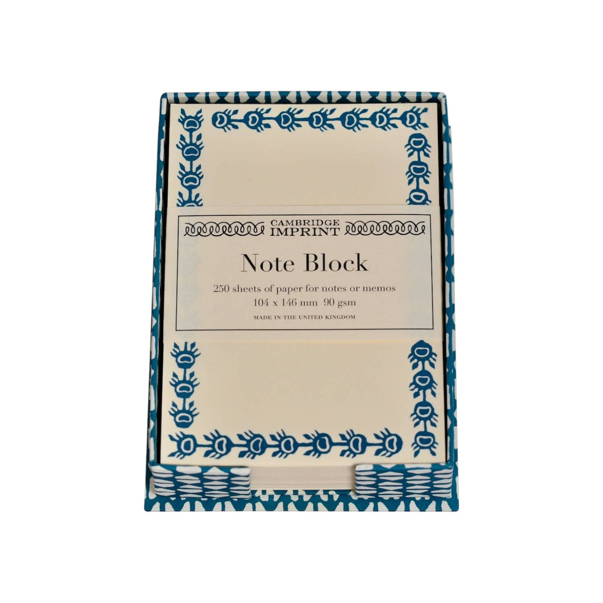 The Tiny Finch note holder in Yo-Yo Kingfisher pattern with a block of 250 ivory memo sheets in a blue patterned tray