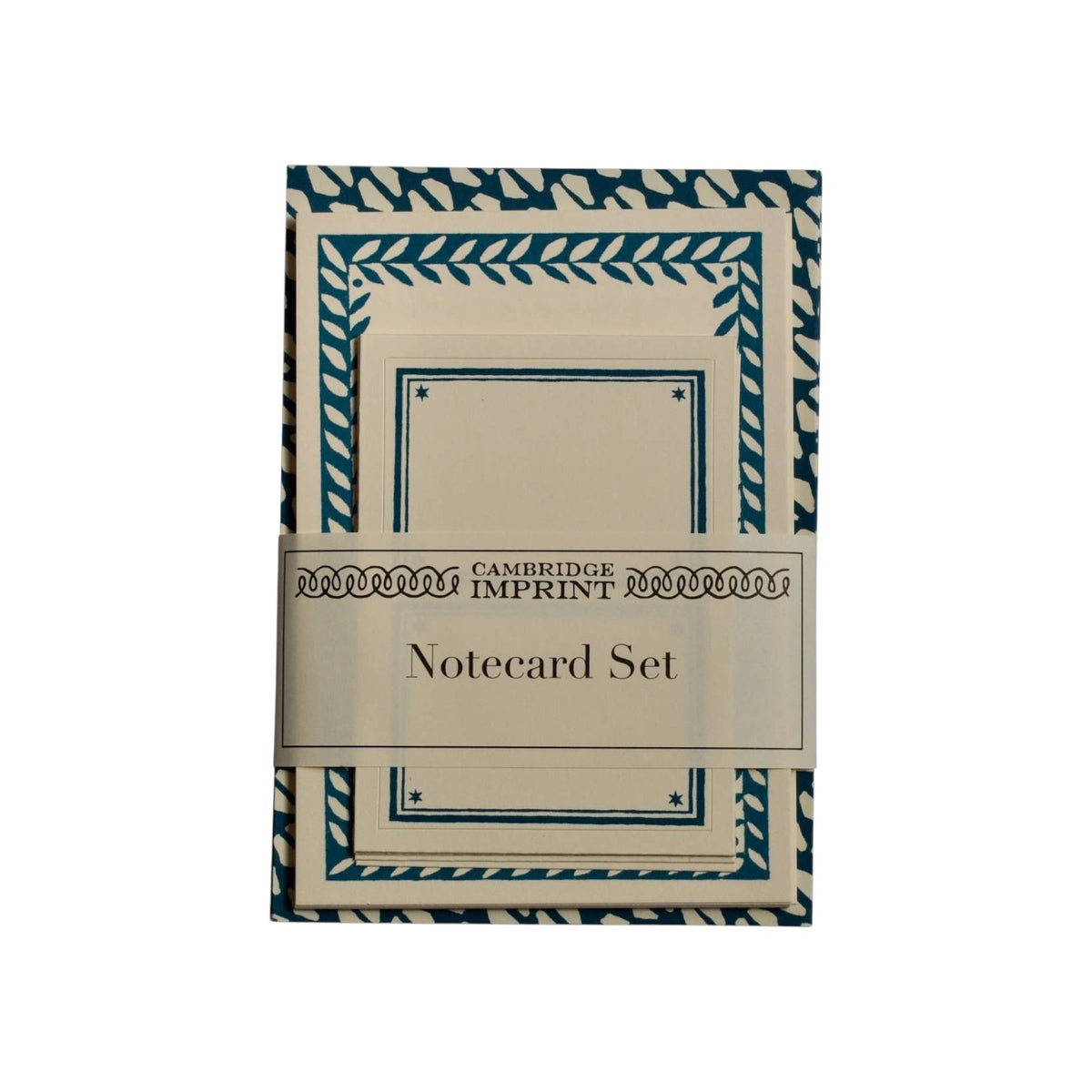 The Tiny Finch Yo-Yo Kingfisher notecard set with patterned borders and coordinating envelopes on cream paper.