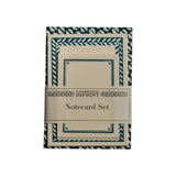 The Tiny Finch Yo-Yo Kingfisher notecard set with patterned borders and coordinating envelopes on cream paper.