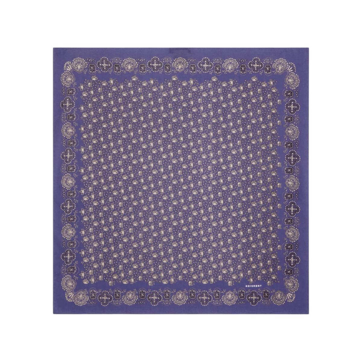The Tiny Finch Moismont Milan square cotton scarf in twilight blue with intricate ecru patterns and rolled edges.