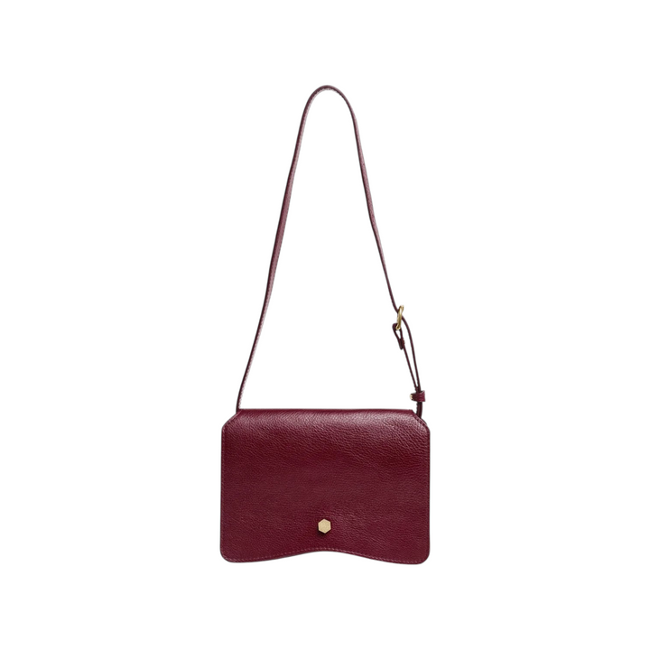 The Tiny Finch Val crossbody bag in deep sumac red leather with a solid brass hexagonal clasp and adjustable strap.