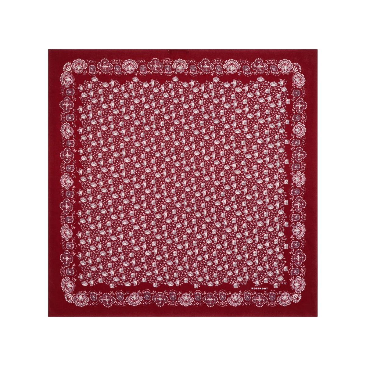 The Tiny Finch Moismont Milan square cotton scarf in velvet red with intricate ecru floral patterns and rolled edges.