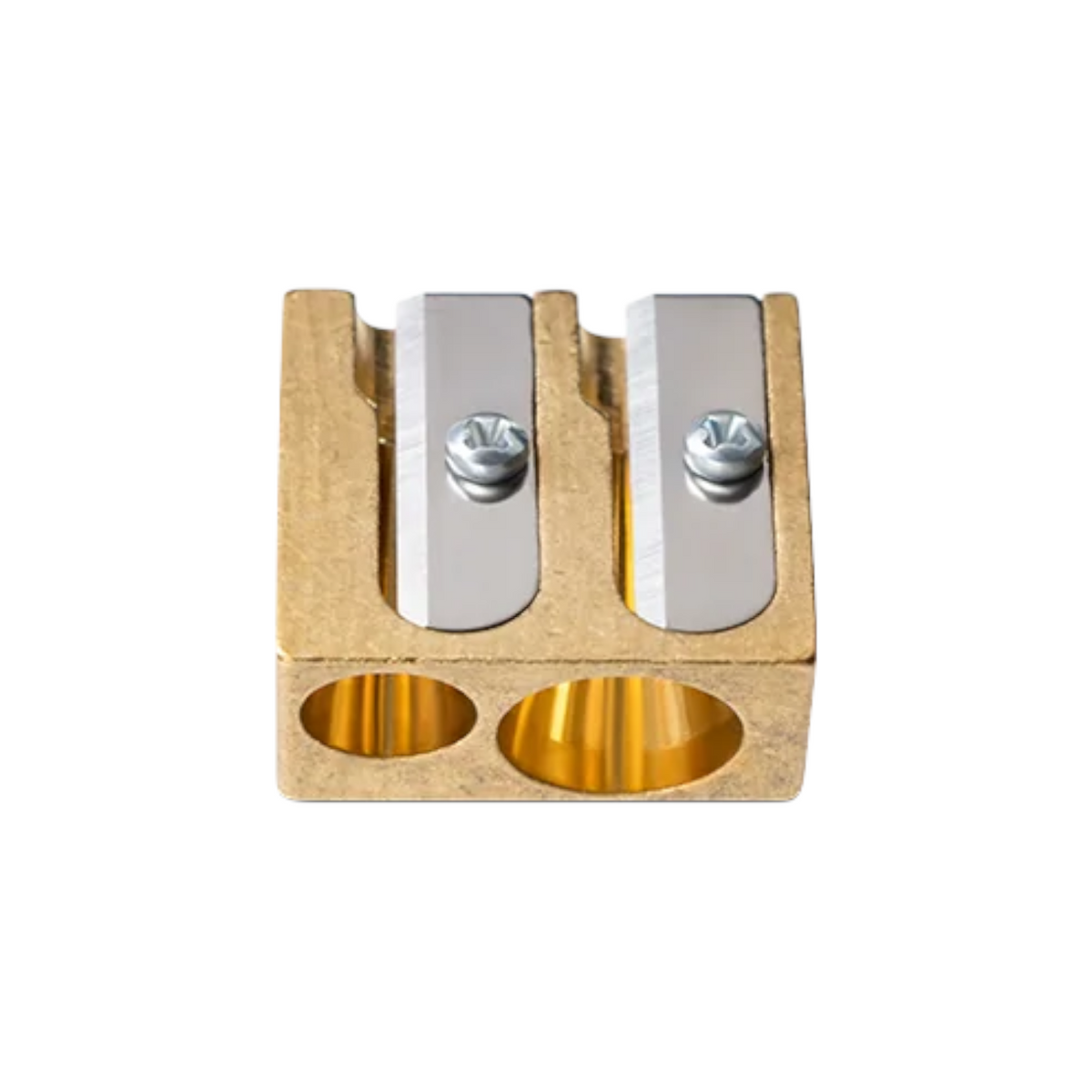 The Tiny Finch Dux double hole brass pencil sharpener with a durable, heavyweight raw metal finish.