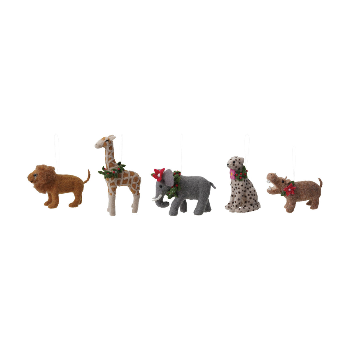 Handmade Wool Felt Safari Animal Ornament with Wreath 5 Styles