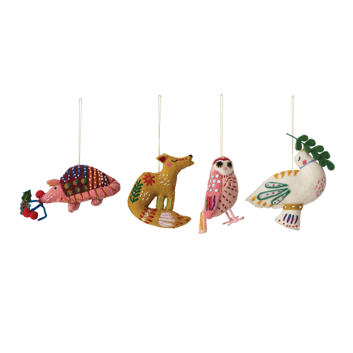 Handmade Wool Felt Animal Ornament with Embroidery & Beads 4 Styles