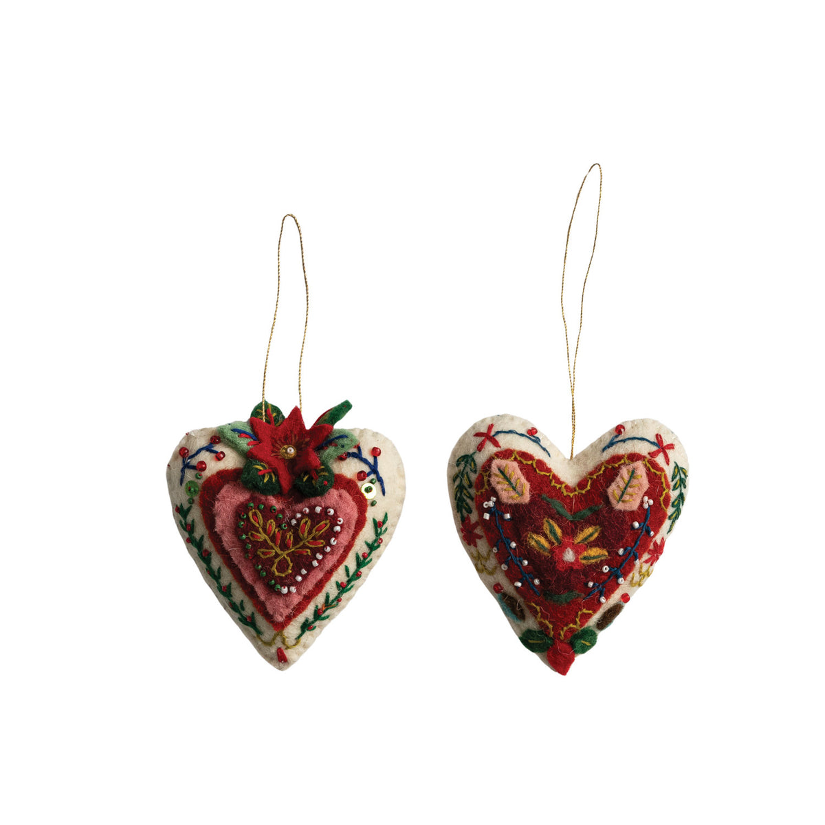 Handmade Wool Felt Heart Ornament with Embroidery & Beads 2 Styles