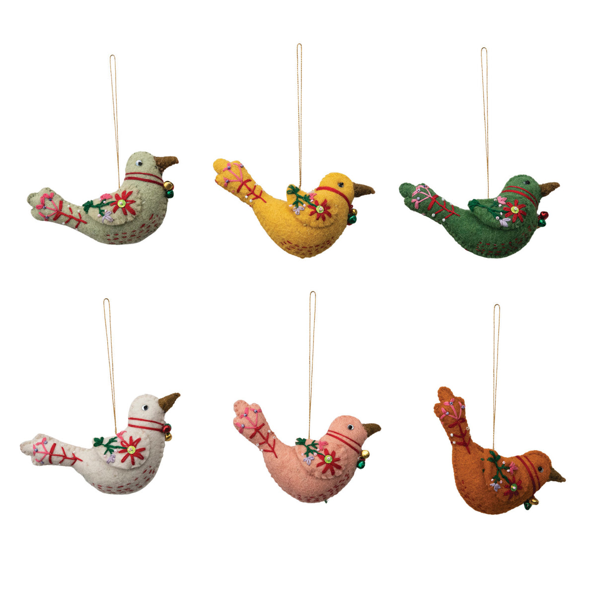 Handmade Wool Felt Bird Ornament with Embroidery Beads & Bells 6 Styles