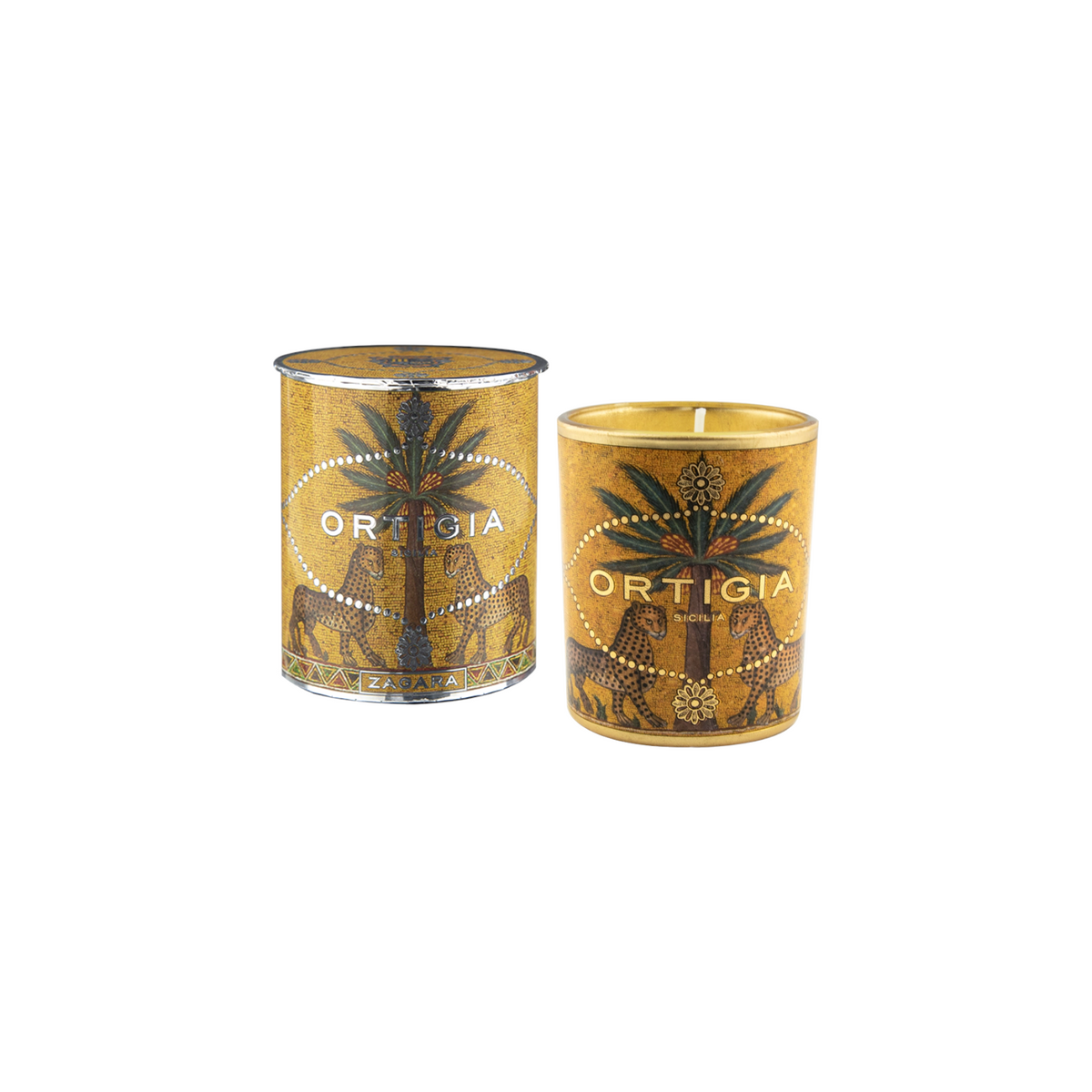 The Tiny Finch Zagara orange blossom scented candle in a decorative jar with palm and leopard print and golden wax.
