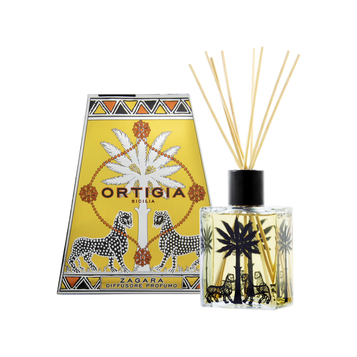 The Tiny Finch Zagara reed diffuser with orange blossom scent in a decorative glass bottle and patterned gift box.